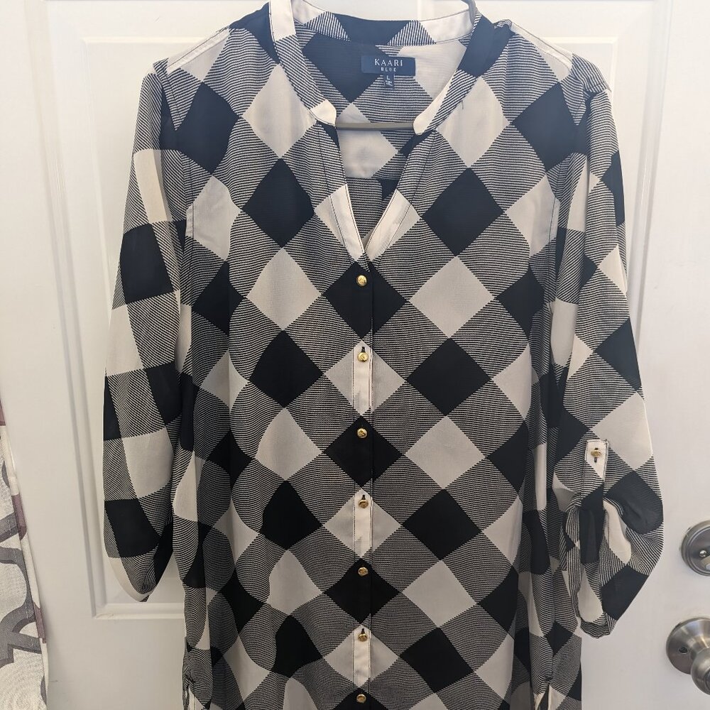 Kaari Blue tunic sheer lg black/white check button front long sleeve blouse Sz L